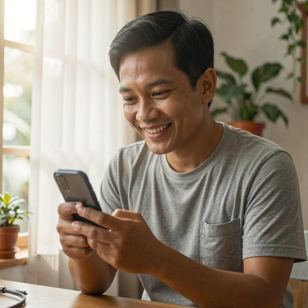Smiling Filipino man holding his smartphone and enjoying the PHPH777 casino app with bright daylight creating a positive mobile gaming mood