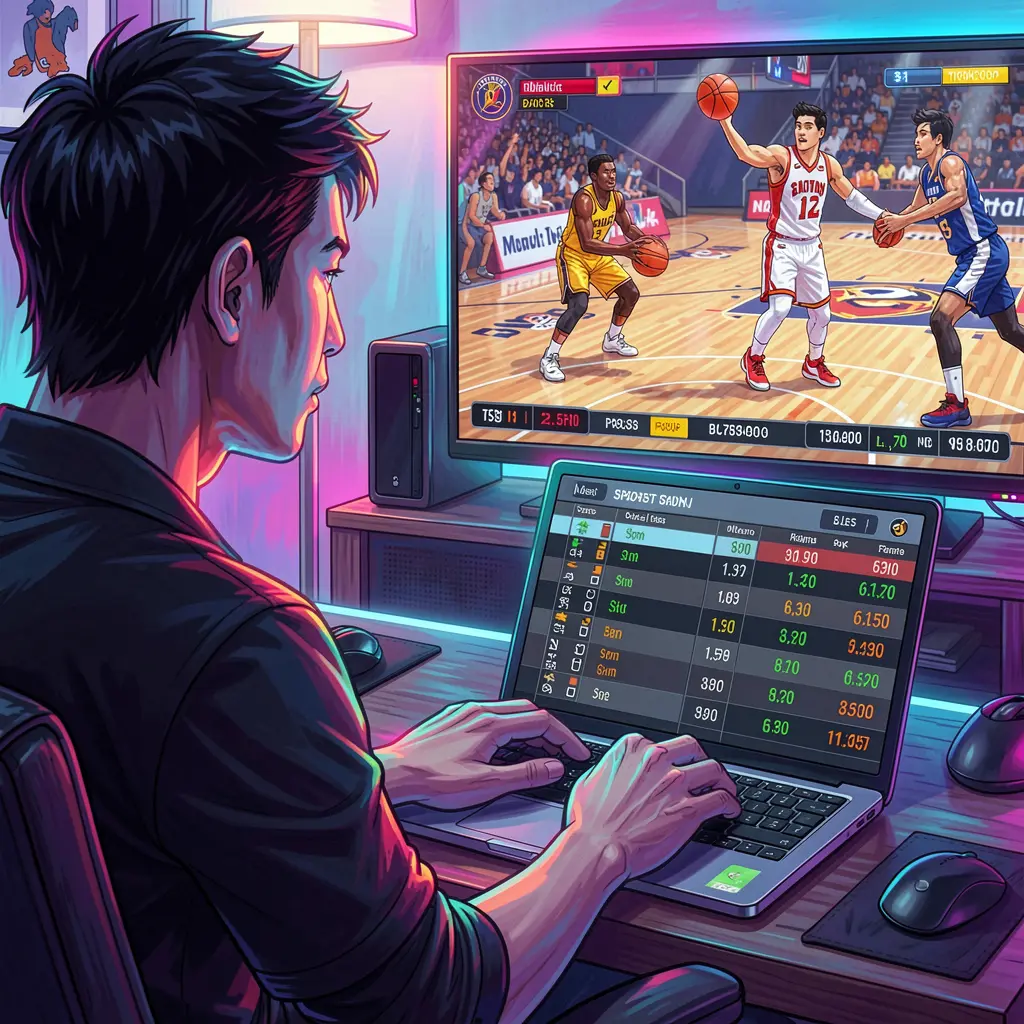 PHPH777 – Bet on your favorite basketball games with confidence Filipino sports fan placing online basketball bets on a laptop while watching a live game on TV using the secure PHPH777 betting platform