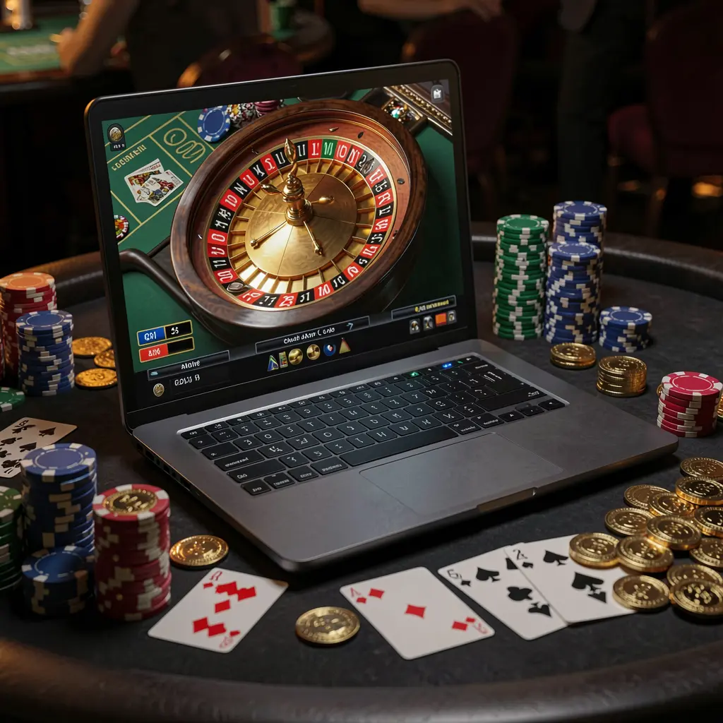 PHPH777 – Step into a world of thrilling online casino games Close-up view of an online roulette game on a laptop surrounded by casino chips and playing cards highlighting the interactive casino experience at PHPH777