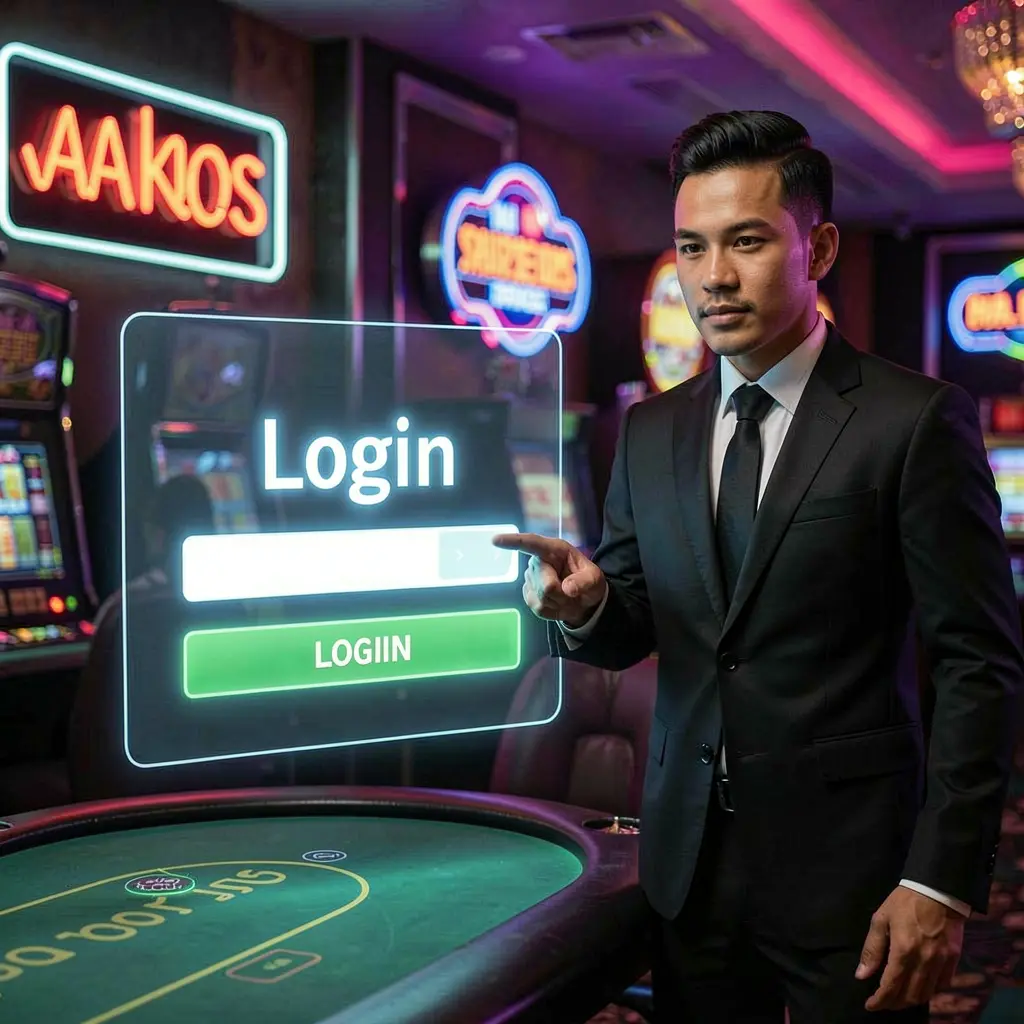 PHPH777 Login – Enter your account and start playing today Confident casino host from the Philippines presenting a bright digital login interface in a modern casino setting at PHPH777