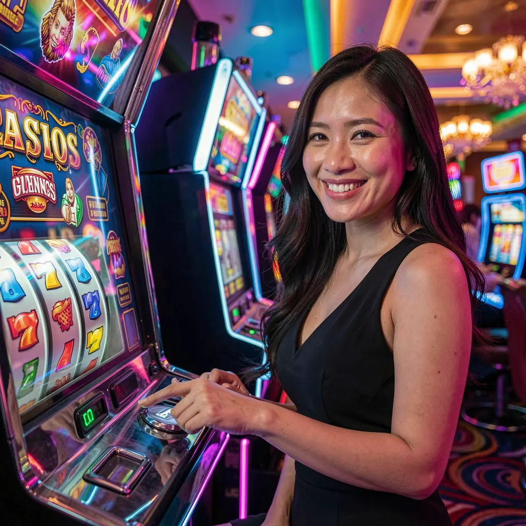 PHPH777 – Experience vibrant slot entertainment made for players in the Philippines Happy Filipino woman enjoying colorful slot machines with glowing reels in a lively casino atmosphere at PHPH777 online casino